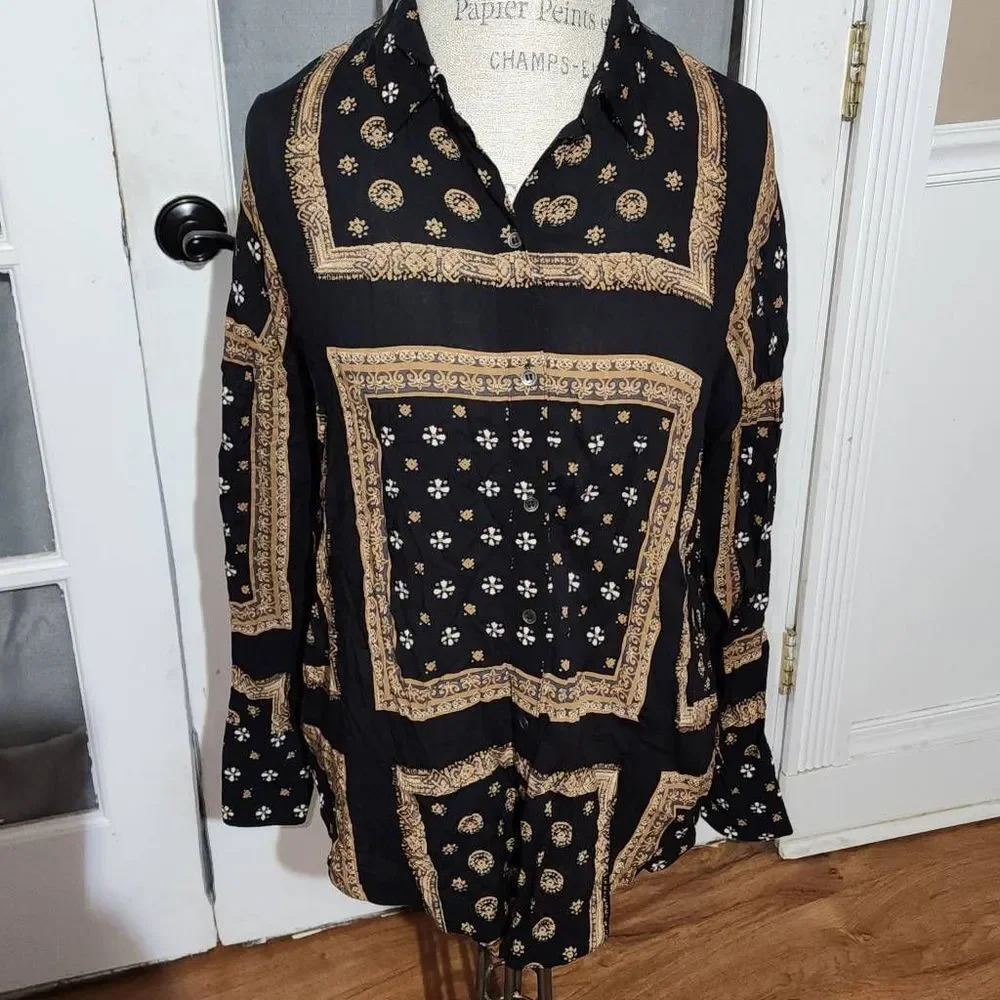 Free People Womens Black Brown Little Secrets Scarf Print Blouse Shirt XS